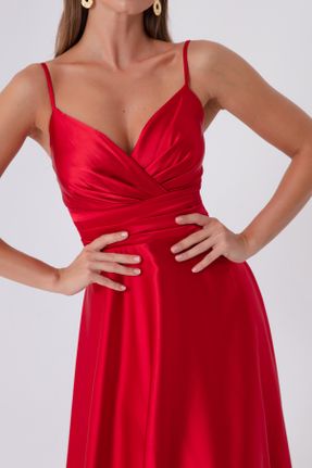 لباس مجلسی قرمز زنانه یقه دوبل ساتن آویزی رگولار آستر دار کد 331613119