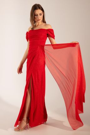 لباس مجلسی قرمز زنانه آستین استاندارد یقه هفت بافت رگولار آستر دار کد 647704748