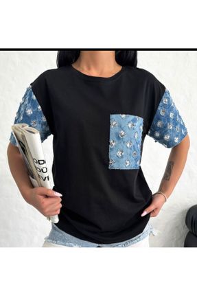 تی شرت مشکی زنانه یقه گرد پنبه (نخی) رگولار تکی طراحی کد 834998886