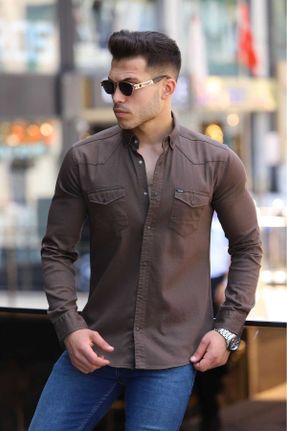 پیراهن قهوه ای مردانه سایز بزرگ یقه پیراهنی پارچه ای کد 835279963