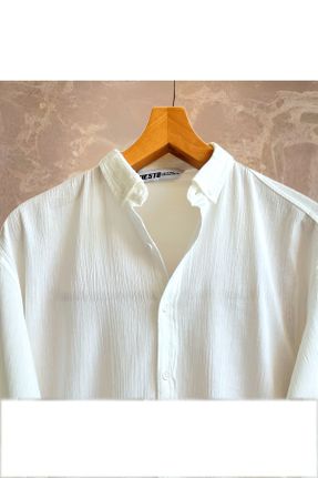 پیراهن سفید مردانه اورسایز یقه پیراهنی کتان کد 835342451