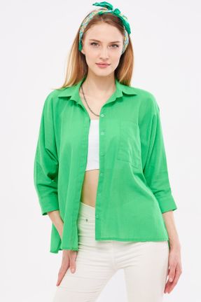 پیراهن سبز زنانه پنبه - پلی استر یقه پیراهنی اورسایز کد 242535129