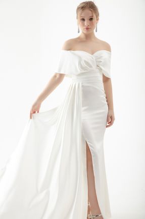 لباس مجلسی سفید زنانه ساتن سایز بزرگ یقه قایقی آستر دار کد 790967376