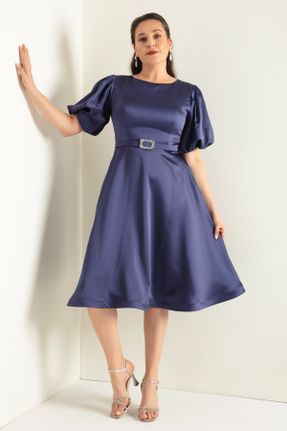 لباس مجلسی سایز بزرگ سرمه ای زنانه یقه گرد پلی استر تنگ آستین استاندارد کد 785282182