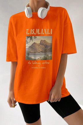 تی شرت نارنجی زنانه یقه گرد اورسایز تکی کد 741579802