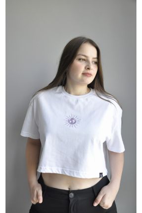 تی شرت سفید زنانه کراپ یقه گرد کد 834936600
