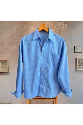پیراهن آبی مردانه یقه پیراهنی کتان اورسایز کد 835346361