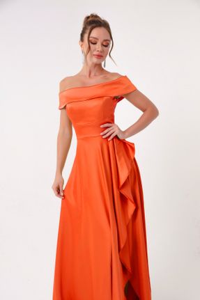 لباس مجلسی نارنجی زنانه الاستن آستین استاندارد رگولار یقه قایقی آستر دار کد 797865488