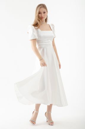 لباس مجلسی سفید زنانه پلی استر آستین استاندارد رگولار یقه مربع بدون آستر کد 790966931