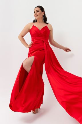 لباس مجلسی سایز بزرگ قرمز زنانه آستین استاندارد سایز بزرگ یقه دوبل کد 642505823