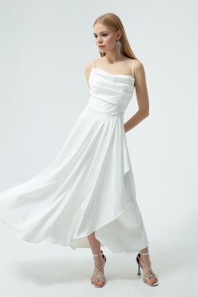 لباس مجلسی سفید زنانه یقه هفت بافت آستین استاندارد رگولار آستر دار کد 666246802