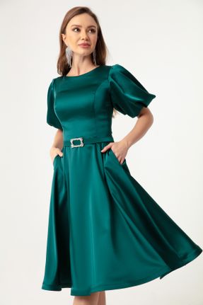 لباس مجلسی سبز زنانه ساتن آستین استاندارد رگولار یقه گرد بدون آستر کد 464913372