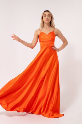 لباس مجلسی نارنجی زنانه ساتن آویزی رگولار یقه دوبل آستر دار کد 731915380