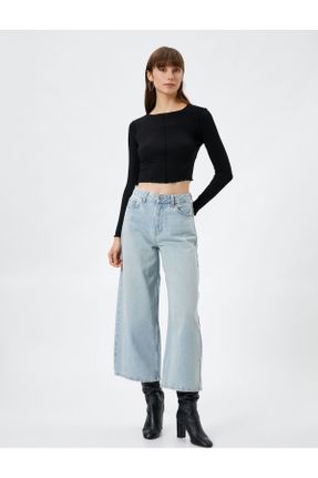 شلوار جین آبی زنانه پاچه گشاد فاق بلند جین کاپری کد 752118038
