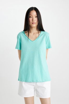 تی شرت سبز زنانه رگولار یقه هفت تکی کد 828049400