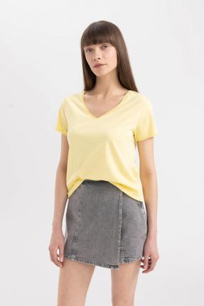 تی شرت زرد زنانه یقه هفت رگولار تکی کد 828211247