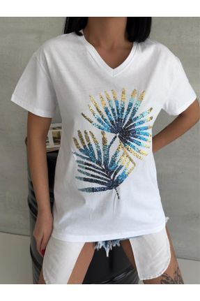 تی شرت سفید زنانه رگولار یقه هفت پنبه (نخی) تکی طراحی کد 820976348