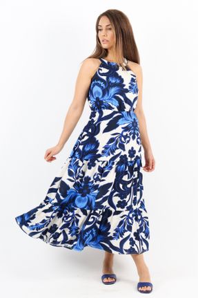 لباس آبی زنانه بافتنی ویسکون طرح گلدار رگولار آستین-کوتاه کد 835646523