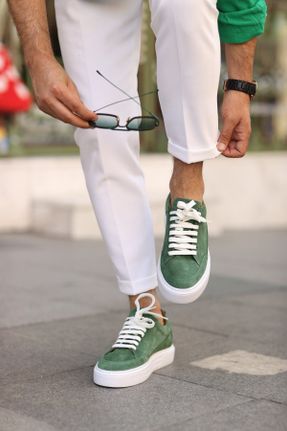 کفش اسنیکر سبز مردانه بند دار چرم طبیعی کد 381569765
