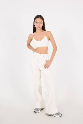 شلوار جین سفید زنانه پاچه راحت فاق بلند استاندارد کد 834298763