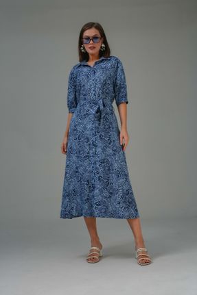 لباس آبی زنانه بافتنی ویسکون طرح گلدار رگولار آستین-کوتاه کد 814016417