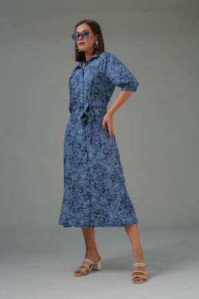 لباس آبی زنانه بافتنی ویسکون طرح گلدار رگولار آستین-کوتاه کد 814016417