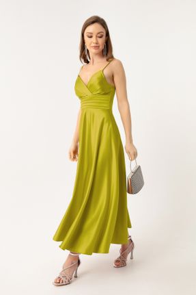 لباس مجلسی سبز زنانه ساتن آستین استاندارد رگولار یقه دوبل آستر دار کد 749881052