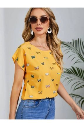 تی شرت زرد زنانه یقه گرد ریلکس تکی طراحی کد 831632759