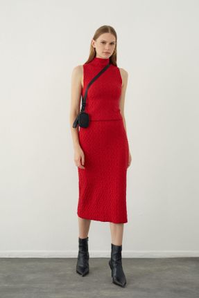 دامن قرمز زنانه تریکو طرح دار اسلیم فیت فاق بلند کد 762686764