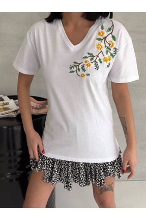 تی شرت سفید زنانه یقه هفت پنبه (نخی) رگولار تکی طراحی کد 820978727