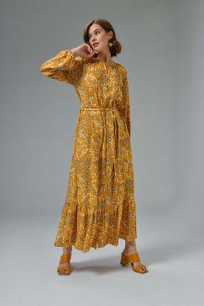 لباس زرد زنانه بافتنی ویسکون طرح گلدار رگولار آستین-بلند کد 803190599