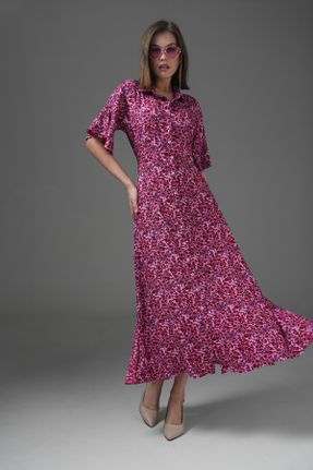 لباس صورتی زنانه بافتنی ویسکون طرح گلدار رگولار آستین-کوتاه کد 814026021