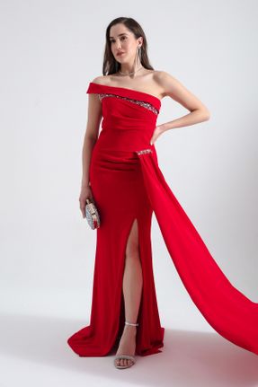 لباس مجلسی قرمز زنانه کرپ آستین استاندارد رگولار یقه قایقی آستر دار کد 813601778