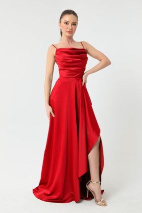 لباس مجلسی قرمز زنانه پلی استر آستین استاندارد رگولار یقه هفت آستر دار کد 298086584