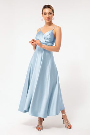 لباس مجلسی آبی زنانه ساتن آستین استاندارد رگولار یقه دوبل آستر دار کد 741953925