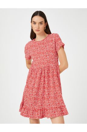 لباس قرمز زنانه بافت آستین راگلان طرح گلدار ریلکس آستین-کوتاه کد 442276181