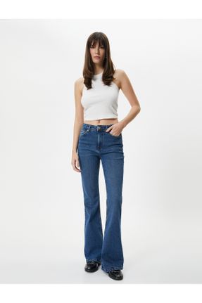 شلوار جین سرمه ای زنانه پاچه گشاد فاق بلند جین کراپ کد 792642335