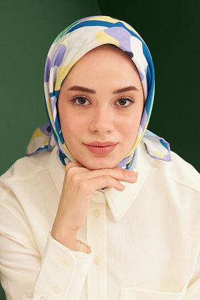 روسری آبی پنبه - پلی استر 90 x 90 طرح گلدار کد 728902301