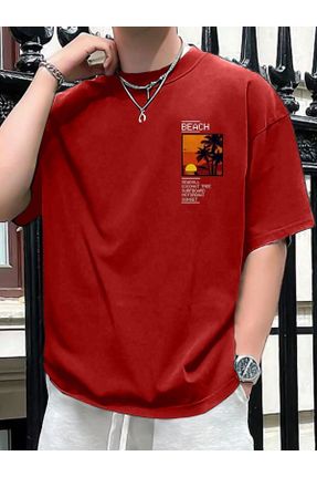 تی شرت قرمز مردانه یقه گرد پنبه - پلی استر اورسایز تکی جوان کد 831830877