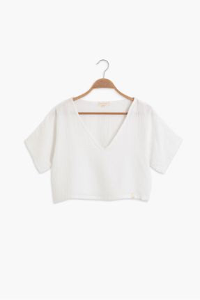تی شرت سفید زنانه کراپ یقه هفت تکی کد 784240949