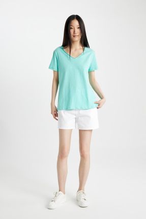تی شرت سبز زنانه رگولار یقه هفت تکی کد 828049400