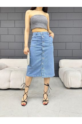 دامن آبی زنانه جین فاق بلند فاق بلند کد 750118522