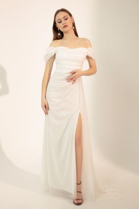 لباس مجلسی سفید زنانه بافت آستین استاندارد رگولار یقه هفت آستر دار کد 455682784