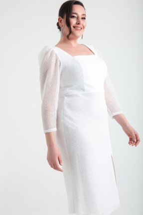لباس مجلسی سایز بزرگ سفید زنانه یقه مربع پلی استر سایز بزرگ آستین استاندارد کد 808473847