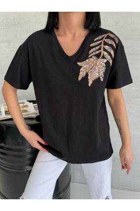 تی شرت مشکی زنانه یقه هفت ریلکس تکی طراحی کد 831625361