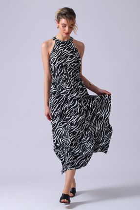 لباس مشکی زنانه بافتنی ویسکون طرح گلدار A-line کد 757351816