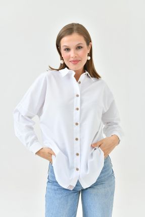 پیراهن سفید زنانه یقه پیراهنی پنبه (نخی) اورسایز کد 825044348