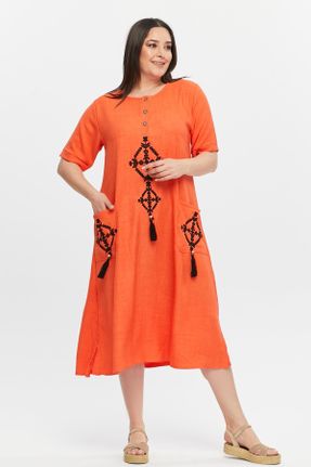 لباس نارنجی زنانه کتان سایز بزرگ بافتنی کد 835837875