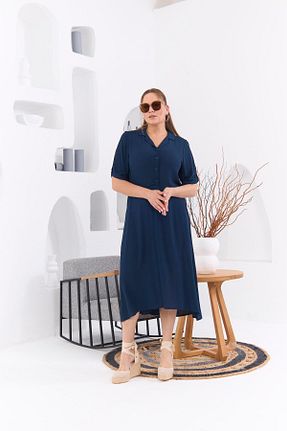 لباس سایز بزرگ سرمه ای زنانه Keten Görünümlü Rmg - کد 835817573