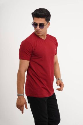 تی شرت زرشکی مردانه اسلیم فیت یقه هفت تکی پوشاک ورزشی کد 835848477